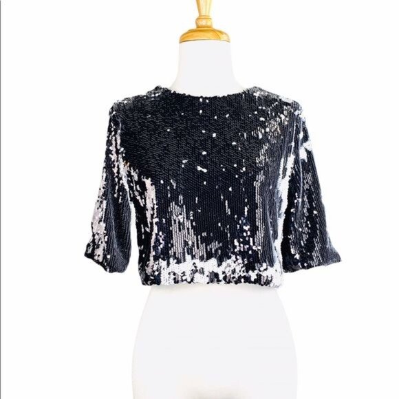 Lucy Paris Crop Top Reversible Sequins Black and White Party Top Size S NWOT - Picture 4 of 13